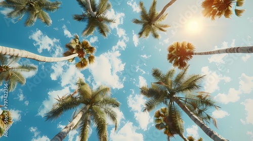 Palm trees against the blue sky with clouds, Generative AI illustrations © jbstocks