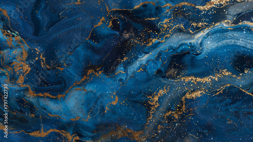 Dynamic cobalt marble ink swirls mysteriously within an enchanting abstract landscape, glinting with subtle glitters. photo