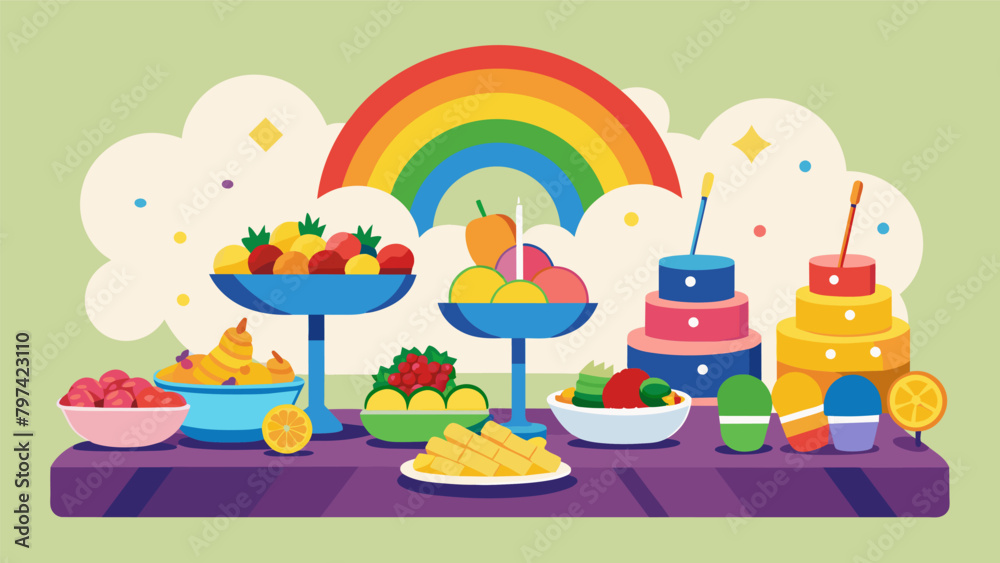 A buffet table overflowing with mouthwatering treats in every color of the rainbow from rainbow fruit skewers to rainbow pasta salad. A buffet table overflowing with mouthwatering treats in every color of the rainbow from rainbow fruit skewers to rainbow pasta salad.