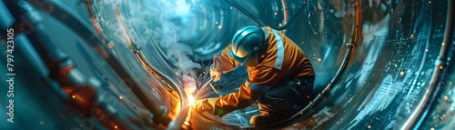 A welder works on a large metal pipe in a shipyard. Industrial 4.0 Digital Visualization: Heavy Industry Welder Working, Welding Inside Pipe. Construction of NLG Natural Gas and Fuels Transport Pipeli