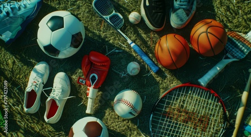 Photo of various sports equipment and gear on grass