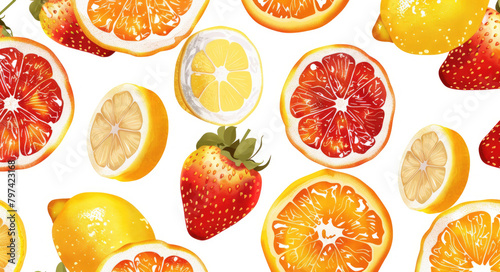 A seamless pattern of various citrus fruits  strawberries and grapefruits on a white background  as a vector illustration in the style of flat design