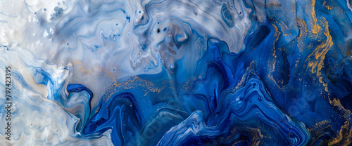 Dynamic cobalt marble ink swirls dynamically amidst a captivating abstract environment, glinting with subtle glitters.