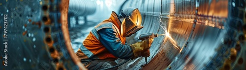 A welder works on a large metal pipe at a shipyard.