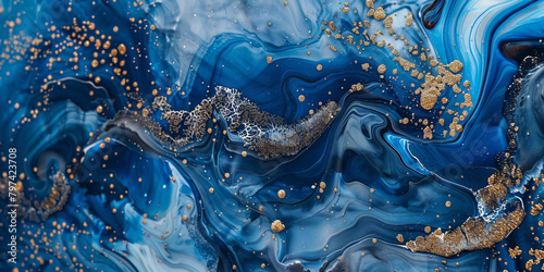 Dynamic cobalt marble ink meandering gracefully in an abstract realm, adorned with shimmering glitters.