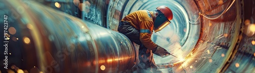 A welder works on a large metal pipe in a shipyard photo