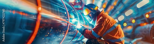 A welder works on a pipeline. photo
