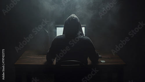 A man in a hoodie sitting in front of a laptop computer, focused on his screen. Hacker in online digital world trying to steal data. photo