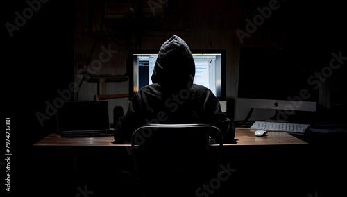 A man in a hoodie sitting in front of a laptop computer, focused on his screen. Hacker in online digital world trying to steal data.