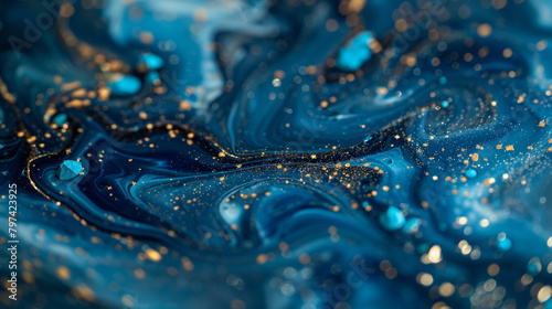 Dynamic cobalt marble ink meanders gracefully within an enchanting abstract environment, speckled with radiant glitters.