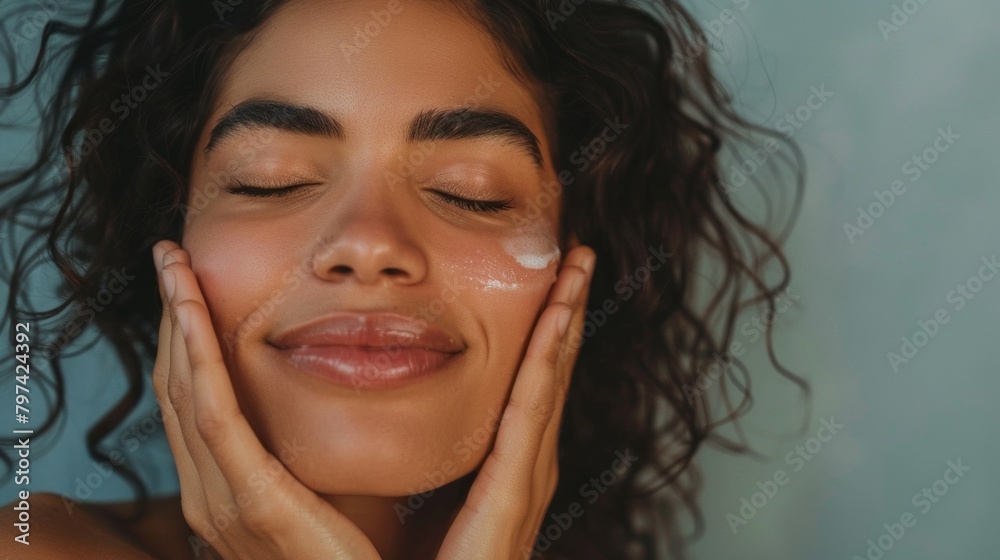 A woman with curly hair is applying makeup to her face A woman with curly hair is applying makeup to her face