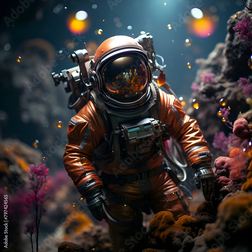 Astronaut in an orange suit stands on the background of the underwater world.