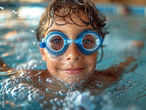 Young boy wearing goggles smiles while diving underwater in the swimming pool