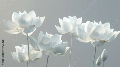 Tranquil white lotus blossoms stand out against a soft grey backdrop, conveying peace and simplicity in a minimalist setting.