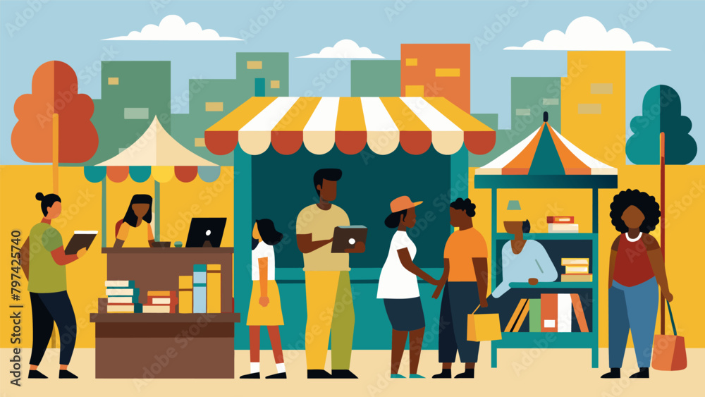 A street fair where local businesses and organizations set up booths to promote African American literature with special readings and performances. Vector illustration A street fair where local businesses and organizations set up booths to promote African American literature with special readings and performances. Vector illustration