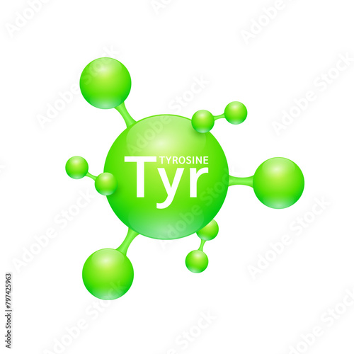Tyrosine amino acid. Molecules that combine to form proteins nutrients necessary for health muscle. Biomolecules model 3D green for ads dietary supplements. Medical scientific concepts. Vector.