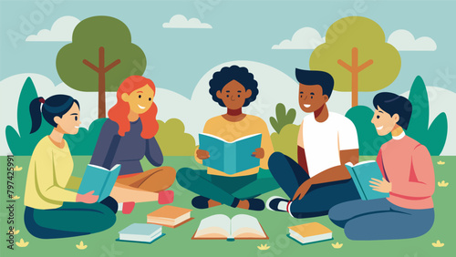 A group of students sitting in a park holding a study session and discussing the eloquent writing style of a notable African American author whose. Vector illustration photo