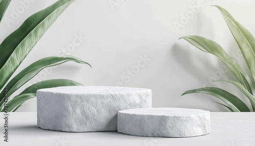 White stone product display podium with nature leaves background