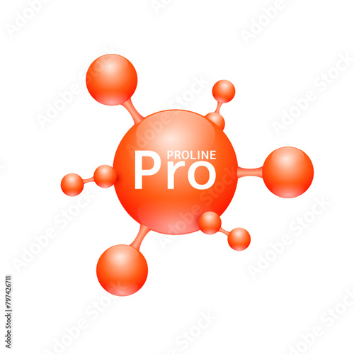 Proline amino acid. Molecules that combine to form proteins nutrients necessary for health muscle. Biomolecules model 3D red for ads dietary supplements. Medical scientific concepts. Vector.