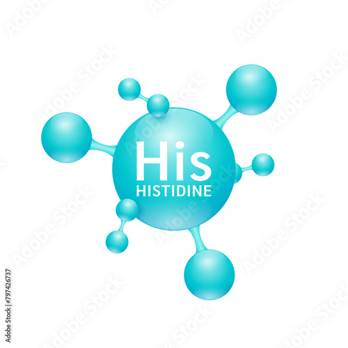 Histidine amino acid. Molecules that combine to form proteins nutrients necessary for health muscle. Biomolecules model 3D blue for ads dietary supplements. Medical scientific concepts. Vector.