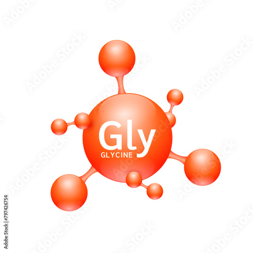 Glycine amino acid. Molecules that combine to form proteins nutrients necessary for health muscle. Biomolecules model 3D red for ads dietary supplements. Medical scientific concepts. Vector.