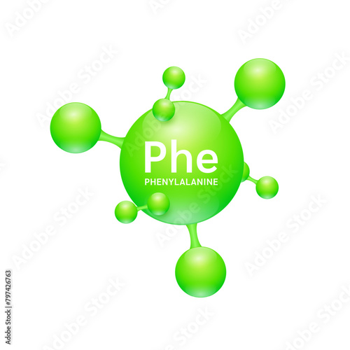 Phenylalanine amino acid. Molecules that combine to form proteins nutrients necessary for health muscle. Biomolecules model 3D green for ads dietary supplements. Medical scientific concepts. Vector.