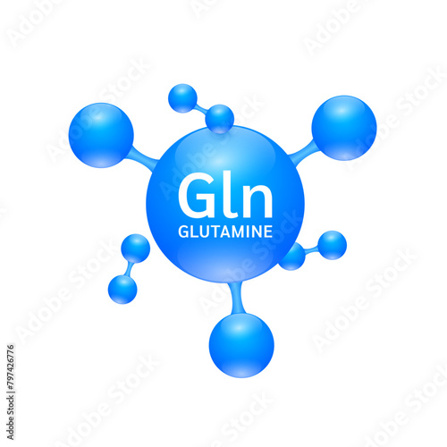 Glutamine amino acid. Molecules that combine to form proteins nutrients necessary for health muscle. Biomolecules model 3D blue for ads dietary supplements. Medical scientific concepts. Vector.