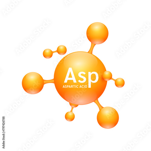 Aspartic acid amino. Molecules that combine to form proteins nutrients necessary for health muscle. Biomolecules model 3D orange for ads dietary supplements. Medical scientific concepts. Vector.