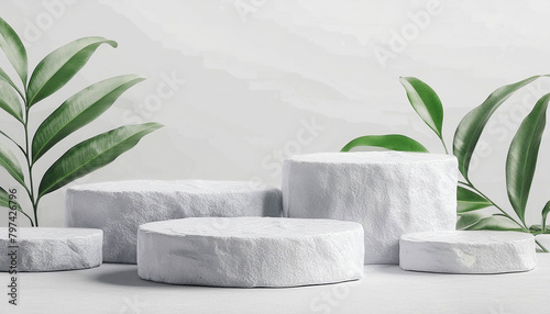 White stone product display podium with nature leaves background