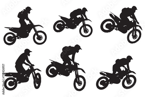 Silhouette of a biker doing freestyle tricks on his motorcycle vector silhouette set
