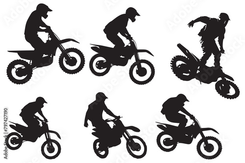 Silhouette of a biker doing freestyle tricks on his motorcycle vector silhouette set