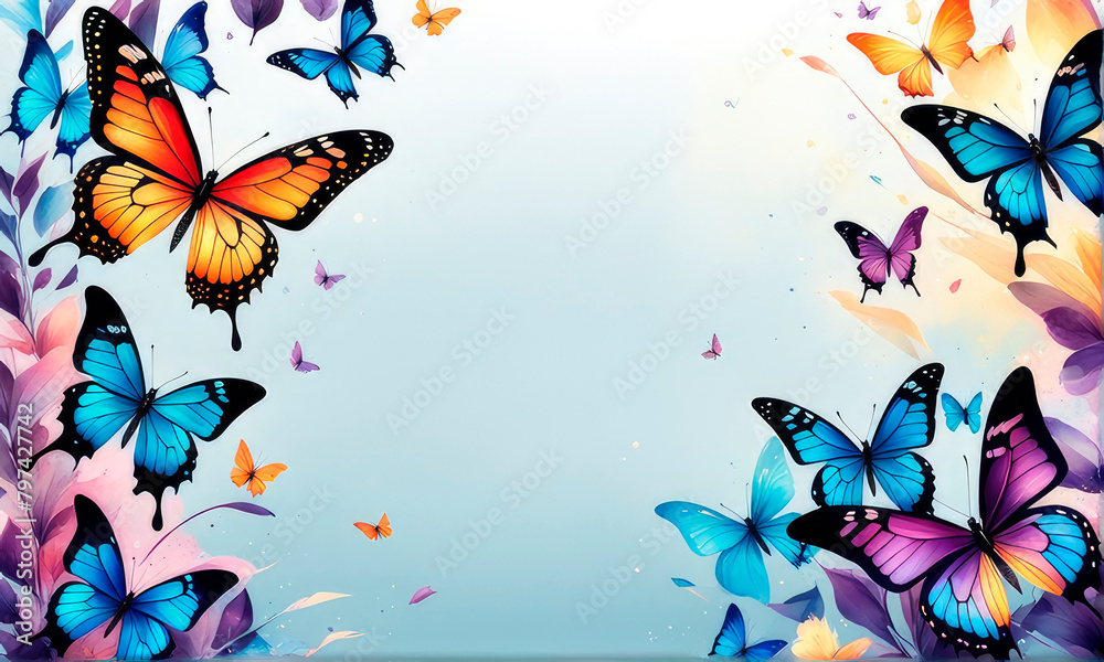 Colorful fluttering delicate butterflies flying and blue splashes. Colorful fluttering delicate butterflies flying and blue splashes.