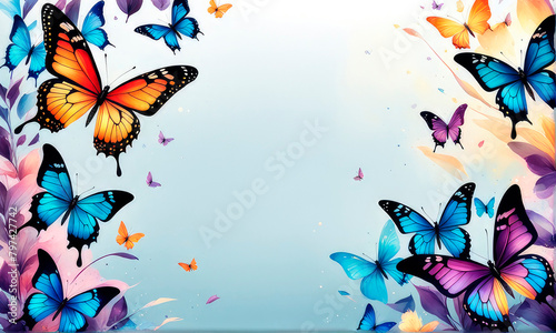 Colorful fluttering delicate butterflies flying and blue splashes.