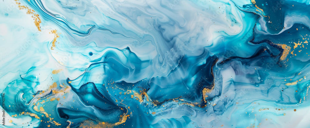 Dynamic aquamarine marble ink flows gracefully across a tranquil abstract backdrop, adorned with radiant glitters.