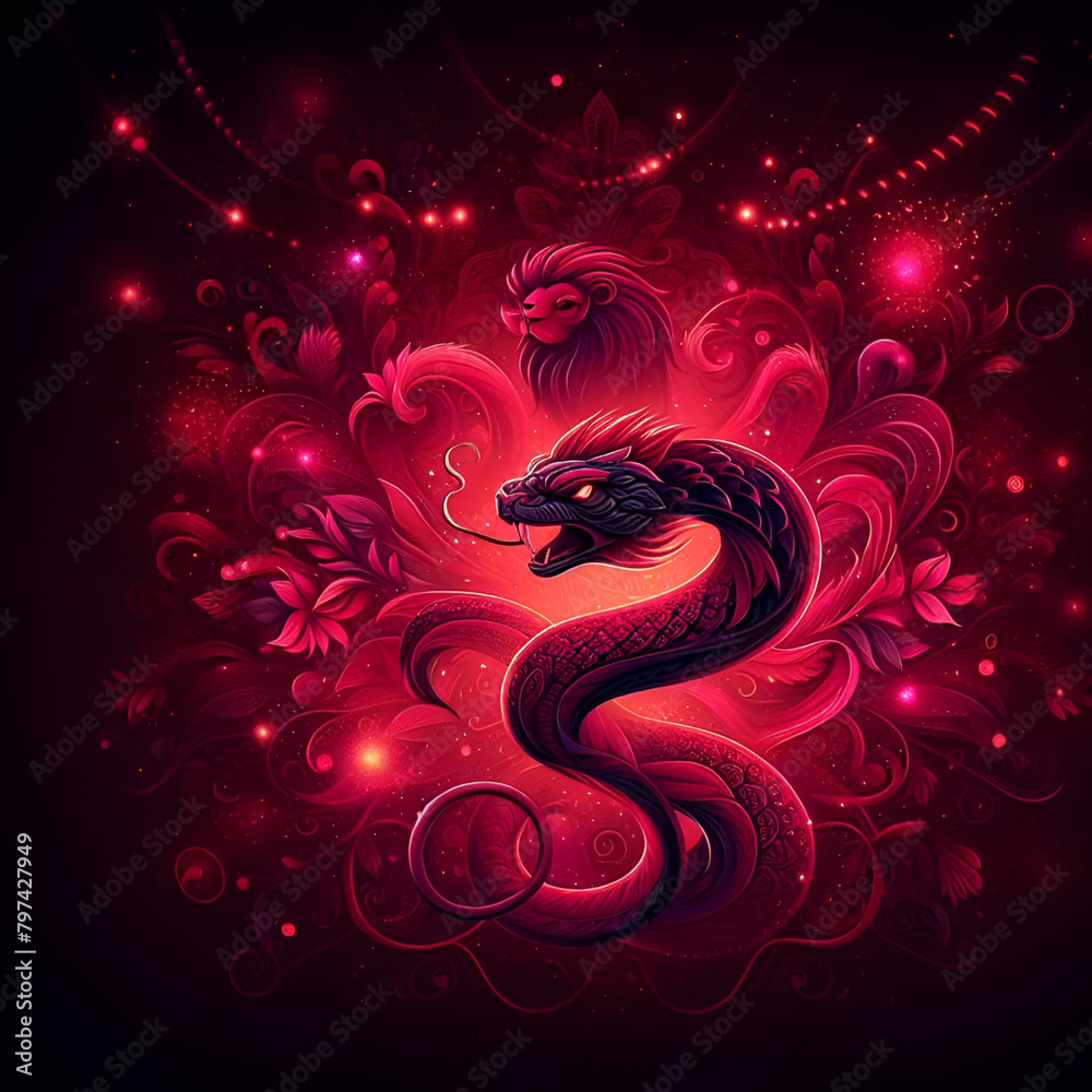 A close up of a lions head with a red and black background. A close up of a lions head with a red and black background.