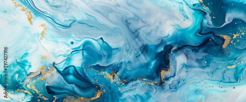 Dynamic aquamarine marble ink flows gracefully across a tranquil abstract backdrop, adorned with radiant glitters.