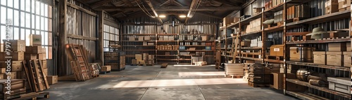A large warehouse with wooden shelves stocked with various boxes and crates photo