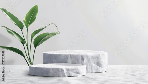 White stone product display podium with nature leaves background