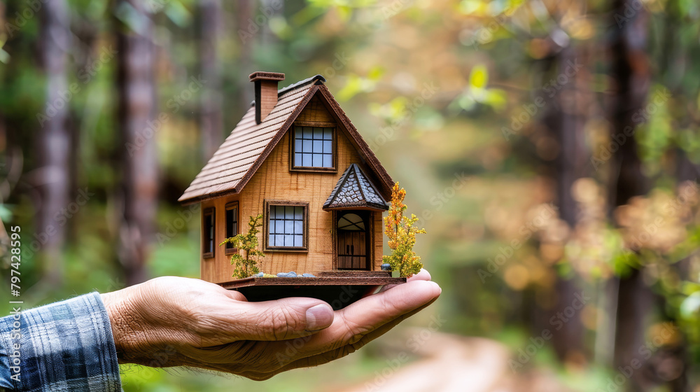 A real estate agent presents a miniature house in his hand, symbolizing mortgage, rent, and property sales