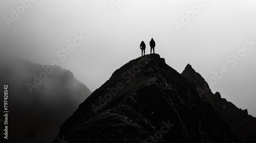 A silhouette of people standing atop the mountain with a black sky. Achievement  exploring the concept