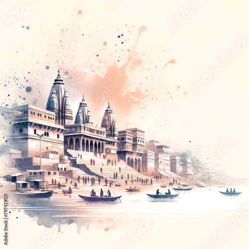 Watercolor illustration of a river scene on the ganges during ganga saptami.
 photo