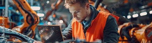 A male engineer in an orange vest uses a laptop to diagnose a problem with a car on an assembly line. photo