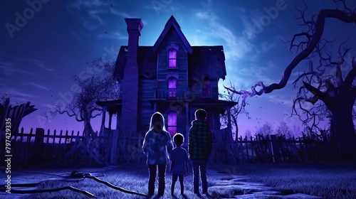 Child's scared looking haunted spooky house, halloween festive background