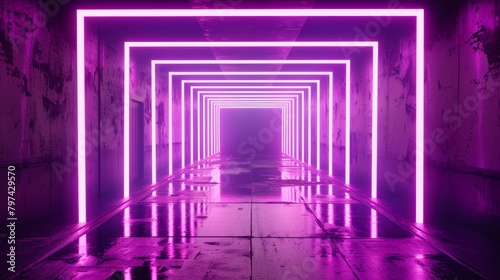 Violet neon frame 3D rendering purple geometric with floor reflection 