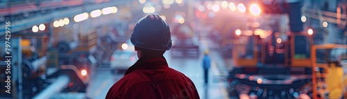 A man in a hard hat looking out over a factory floor.