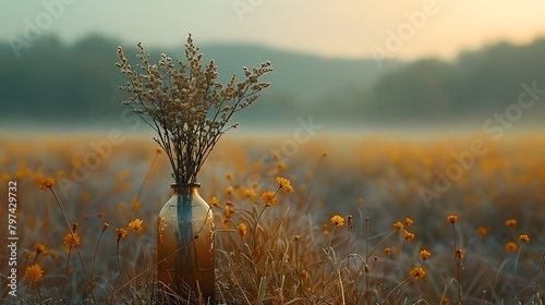 a empty alcohol bottle in a field with flowers