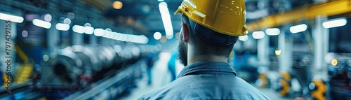 A man in a hard hat looking out over a factory floor photo