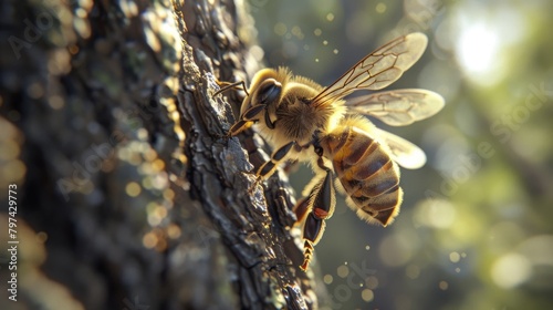 A bee gathering resin from a tree trunk, showcasing the multifaceted roles of bees in ecosystems. photo