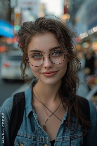 beautiful brunette woman with blue eyes, street photography, nerdy woman wearing rectangle framed glasses, woman in her 20s, model, city street, outfit of the day, outdoor photoshoot, summer clothes