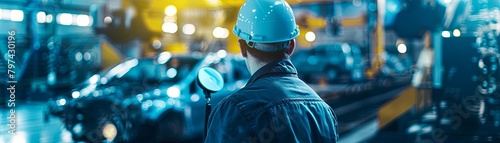 A worker in a hard hat is inspecting a car on an assembly line. photo